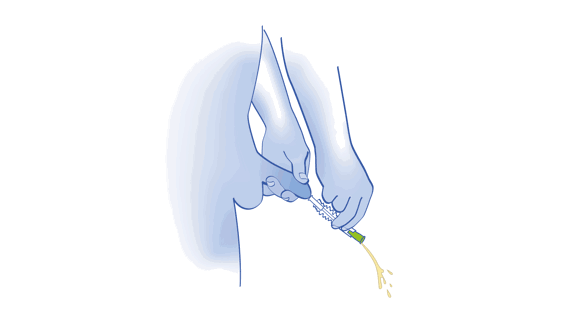 LoFric Origo Pro IFU/Quick guide illustration showing step 8 wait until the urine flow stops